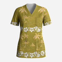 Yellow Hawaii Palm Tree Hibiscus Scrub Top Fantasy Summer Vibe