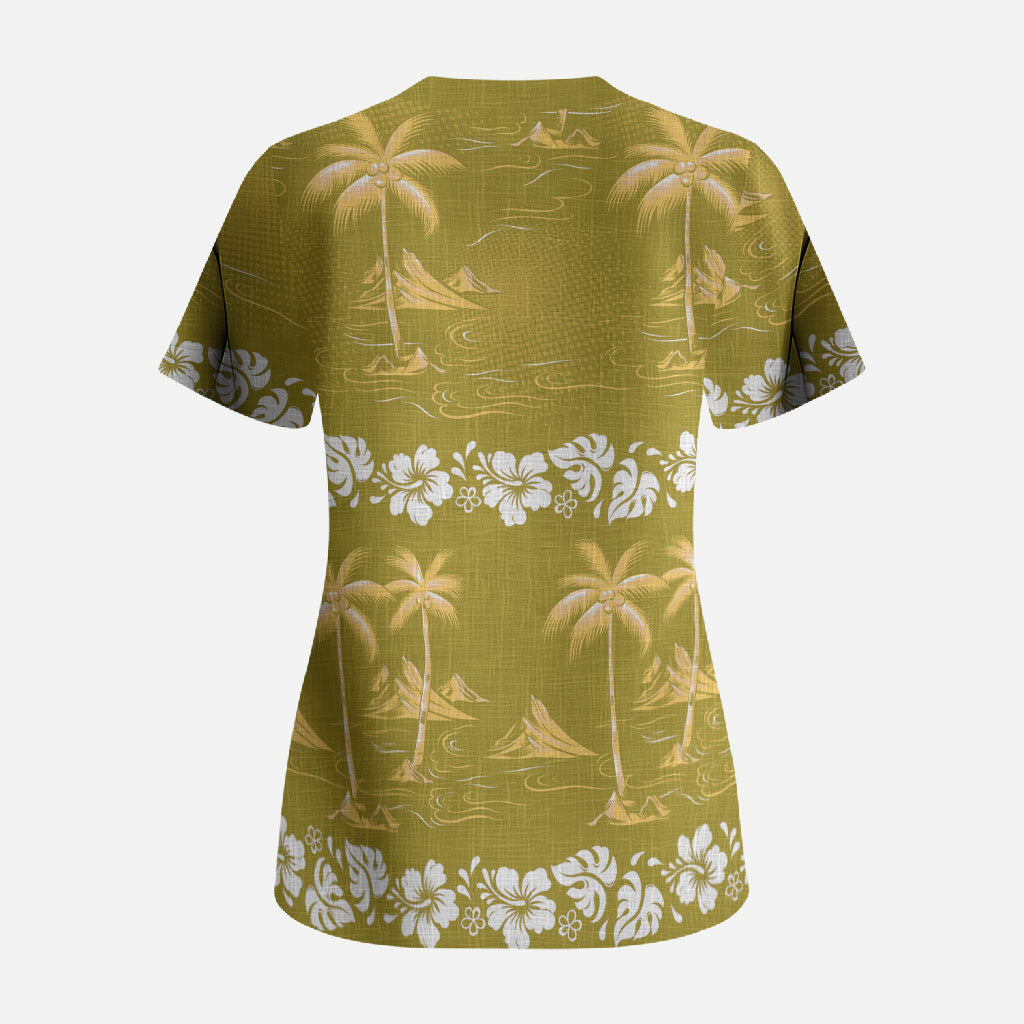 Yellow Hawaii Palm Tree Hibiscus Scrub Top Fantasy Summer Vibe