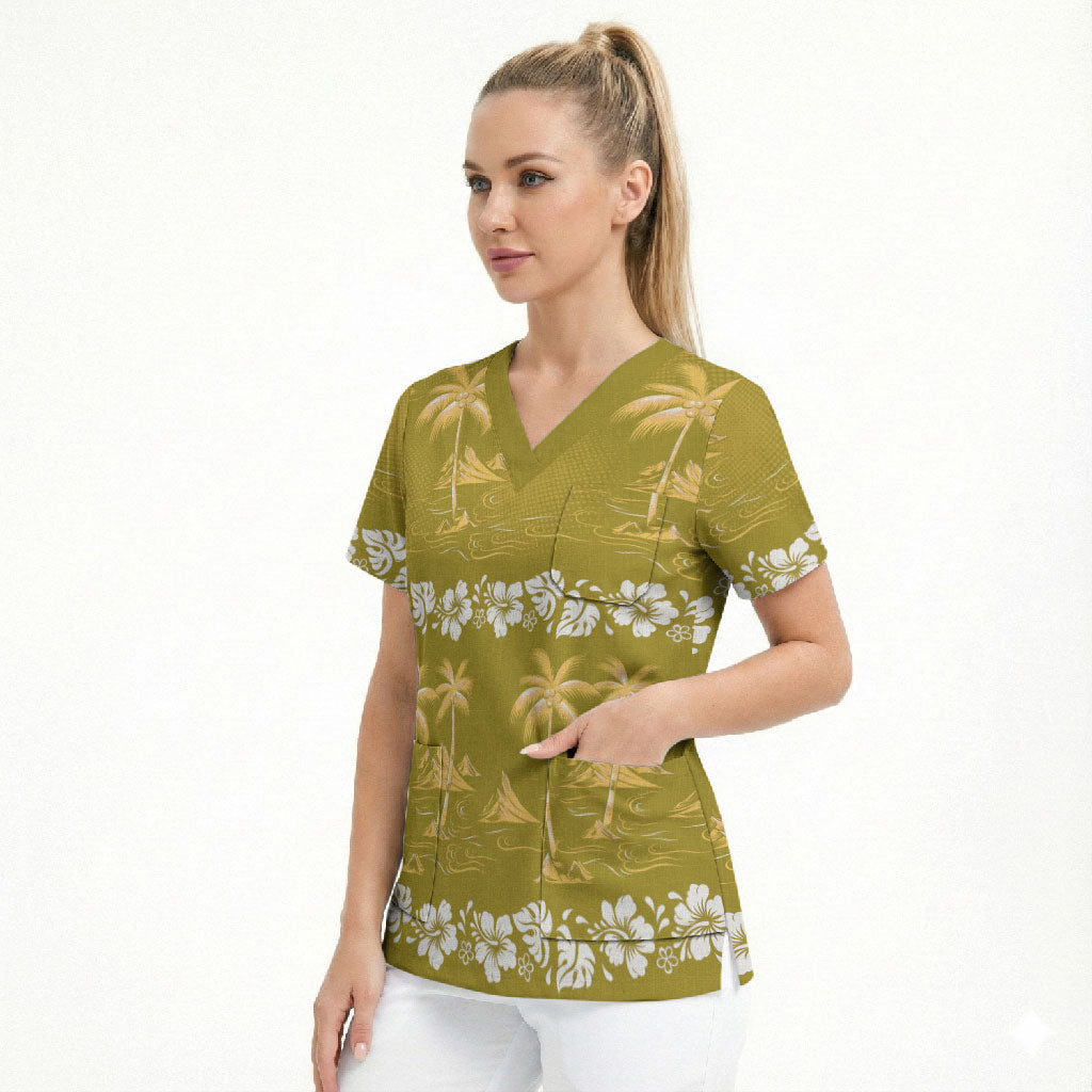 Yellow Hawaii Palm Tree Hibiscus Scrub Top Fantasy Summer Vibe