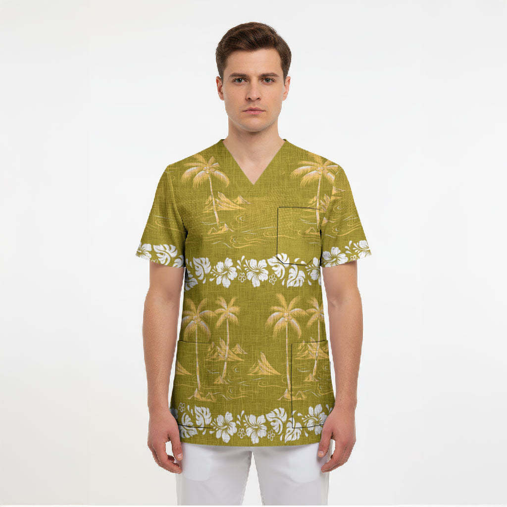 Yellow Hawaii Palm Tree Hibiscus Scrub Top Fantasy Summer Vibe
