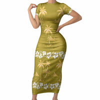 Yellow Hawaii Palm Tree Hibiscus Short Sleeve Bodycon Dress Fantasy Summer Vibe