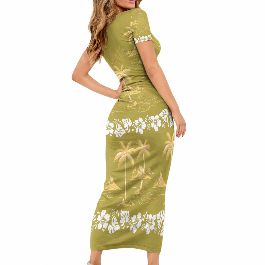 Yellow Hawaii Palm Tree Hibiscus Short Sleeve Bodycon Dress Fantasy Summer Vibe