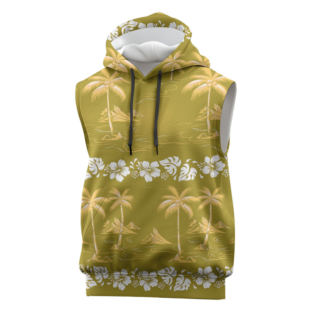 Yellow Hawaii Palm Tree Hibiscus Sleeveless Hoodie Fantasy Summer Vibe