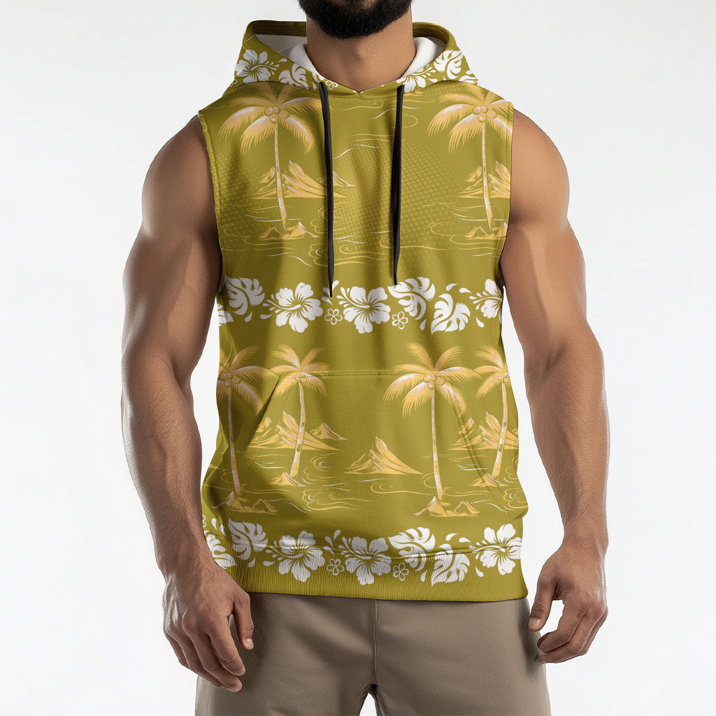 Yellow Hawaii Palm Tree Hibiscus Sleeveless Hoodie Fantasy Summer Vibe