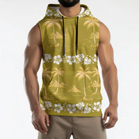 Yellow Hawaii Palm Tree Hibiscus Sleeveless Hoodie Fantasy Summer Vibe