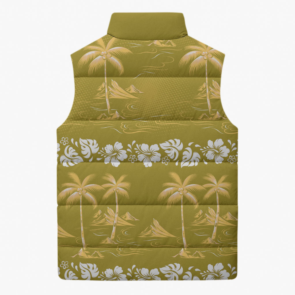 Yellow Hawaii Palm Tree Hibiscus Sleeveless Puffer Jacket Fantasy Summer Vibe