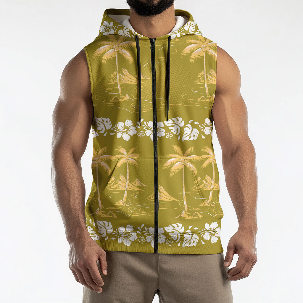 Yellow Hawaii Palm Tree Hibiscus Sleeveless Zip Hoodie Fantasy Summer Vibe