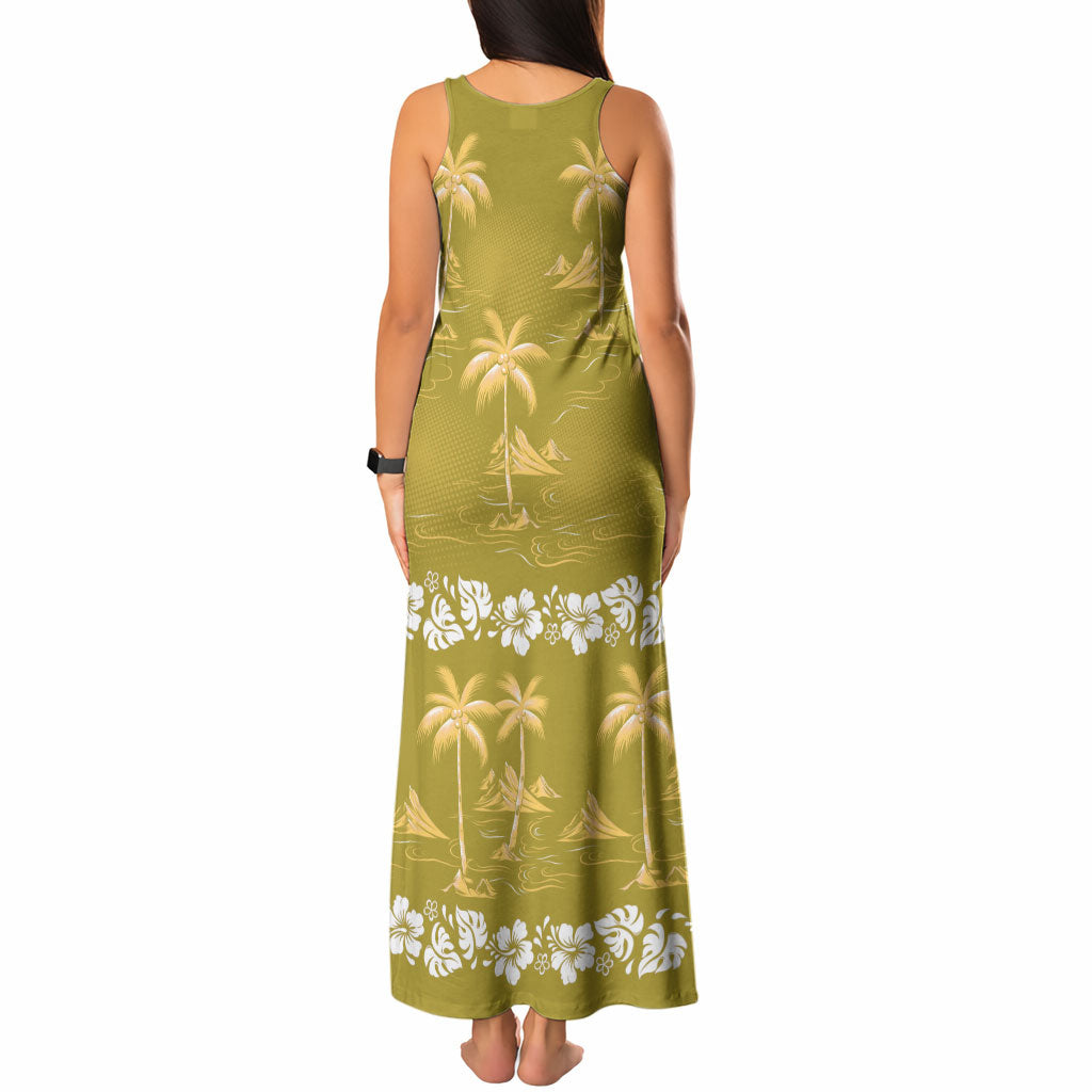 Yellow Hawaii Palm Tree Hibiscus Tank Maxi Dress Fantasy Summer Vibe
