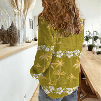 Yellow Hawaii Palm Tree Hibiscus Women Casual Shirt Fantasy Summer Vibe