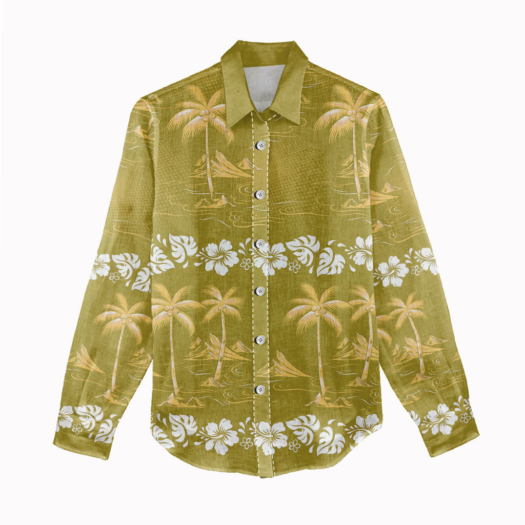 Yellow Hawaii Palm Tree Hibiscus Women Casual Shirt Fantasy Summer Vibe