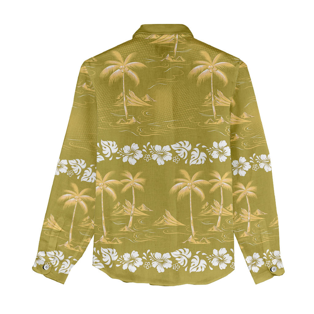 Yellow Hawaii Palm Tree Hibiscus Women Casual Shirt Fantasy Summer Vibe