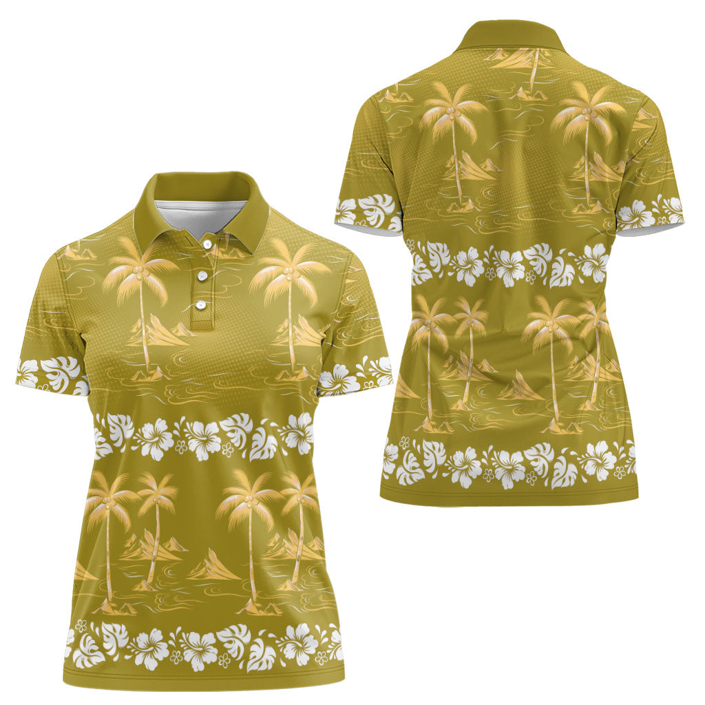 Yellow Hawaii Palm Tree Hibiscus Women Polo Shirt Fantasy Summer Vibe
