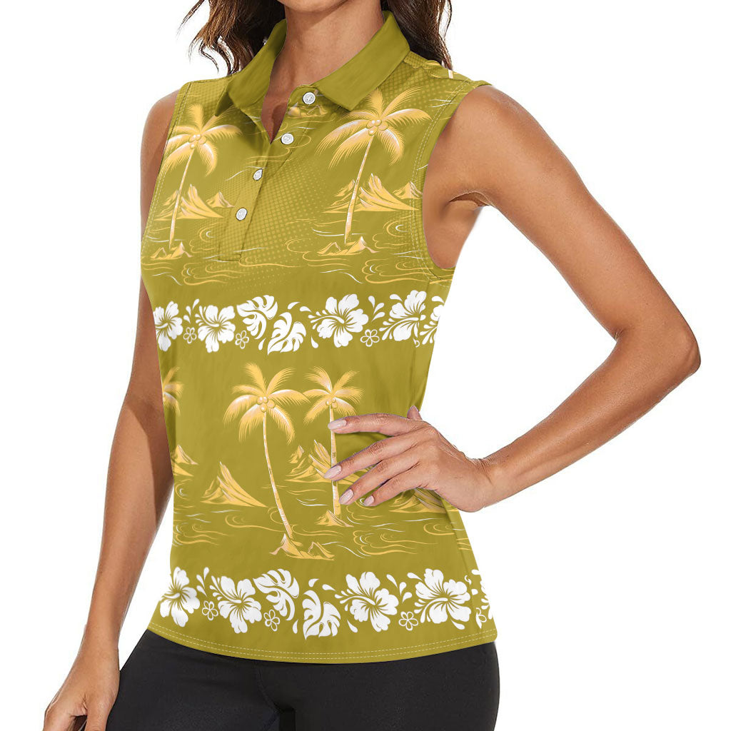 Yellow Hawaii Palm Tree Hibiscus Women Sleeveless Polo Shirt Fantasy Summer Vibe