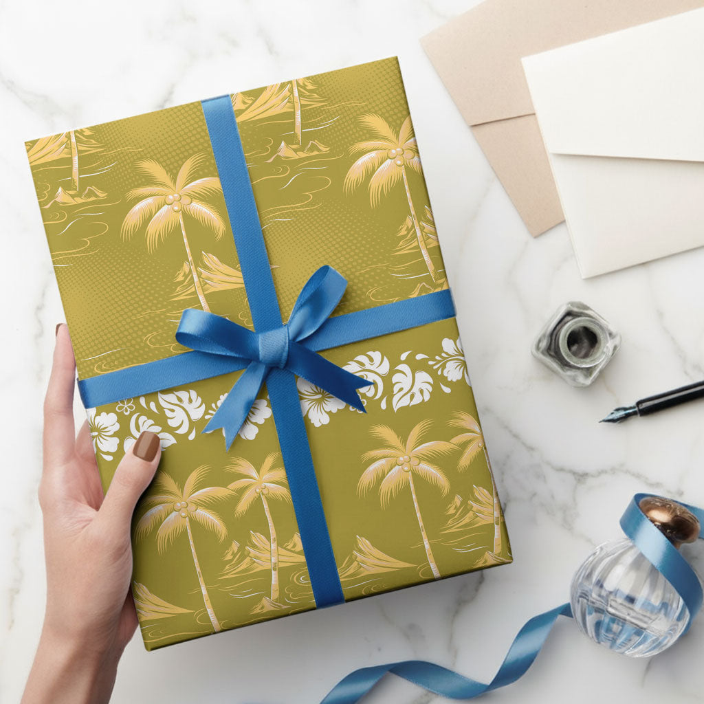 Yellow Hawaii Palm Tree Hibiscus Wrapping Paper Fantasy Summer Vibe