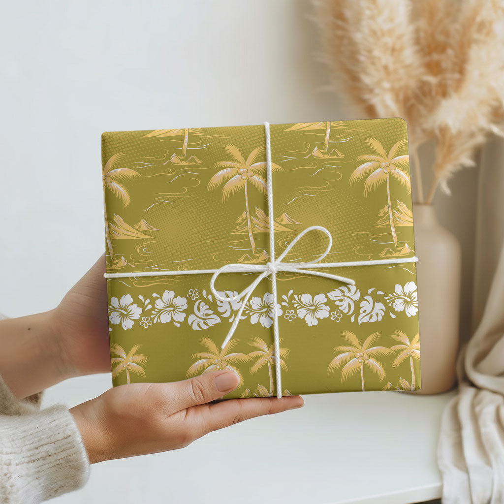 Yellow Hawaii Palm Tree Hibiscus Wrapping Paper Fantasy Summer Vibe