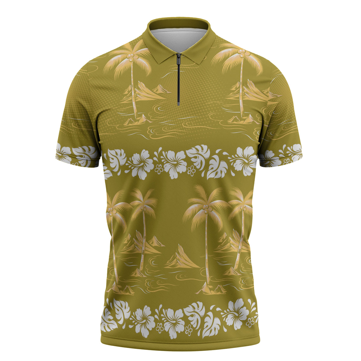 Yellow Hawaii Palm Tree Hibiscus Zipper Polo Shirt Fantasy Summer Vibe