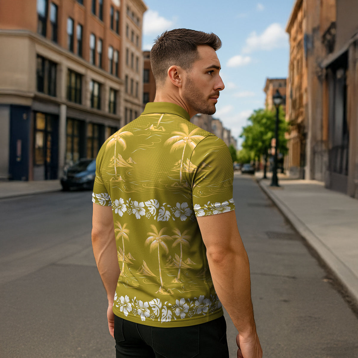 Yellow Hawaii Palm Tree Hibiscus Zipper Polo Shirt Fantasy Summer Vibe