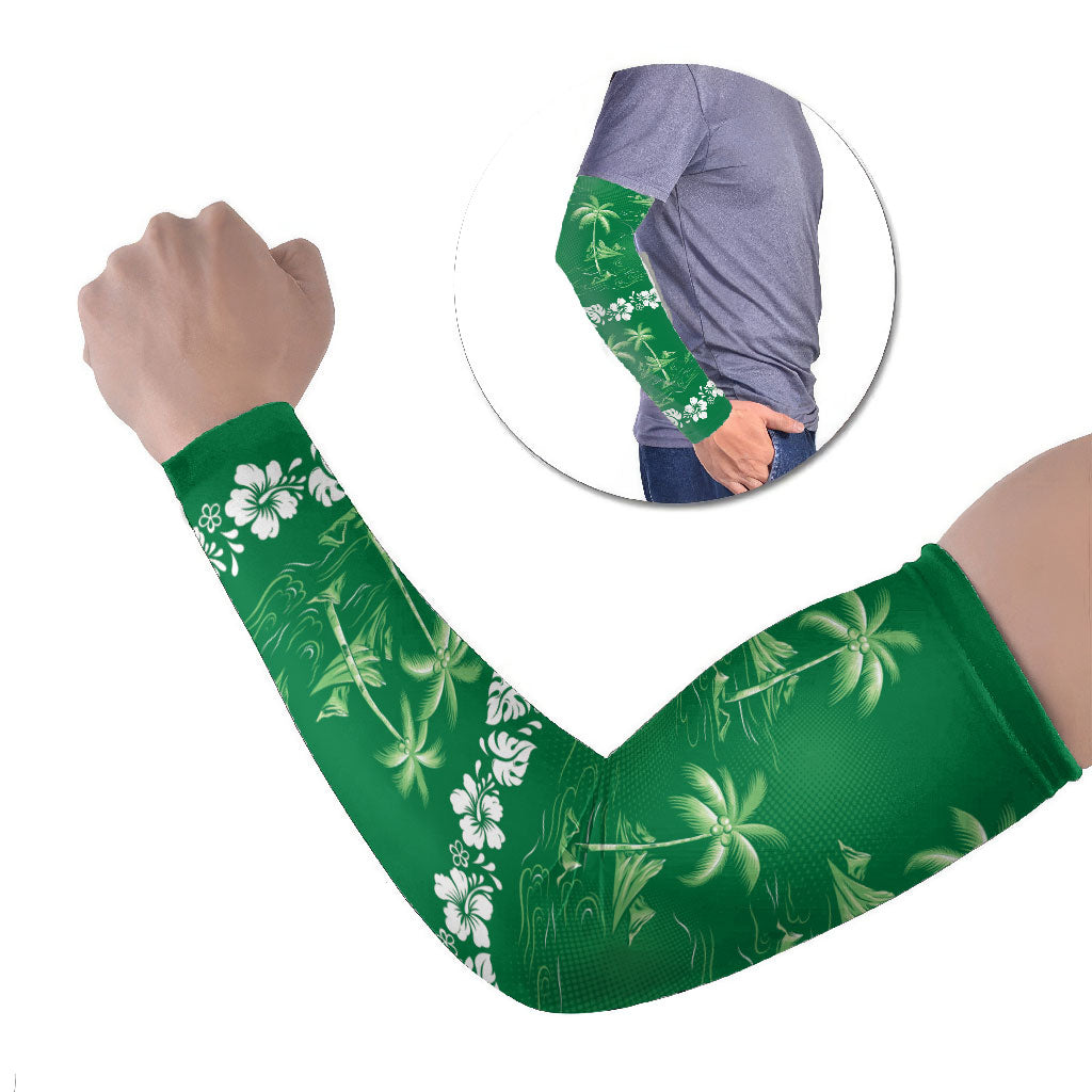 Green Hawaii Palm Tree Hibiscus Arm Sleeves Fantasy Summer Vibe LT01 Set of 2 Green - Polynesian Pride