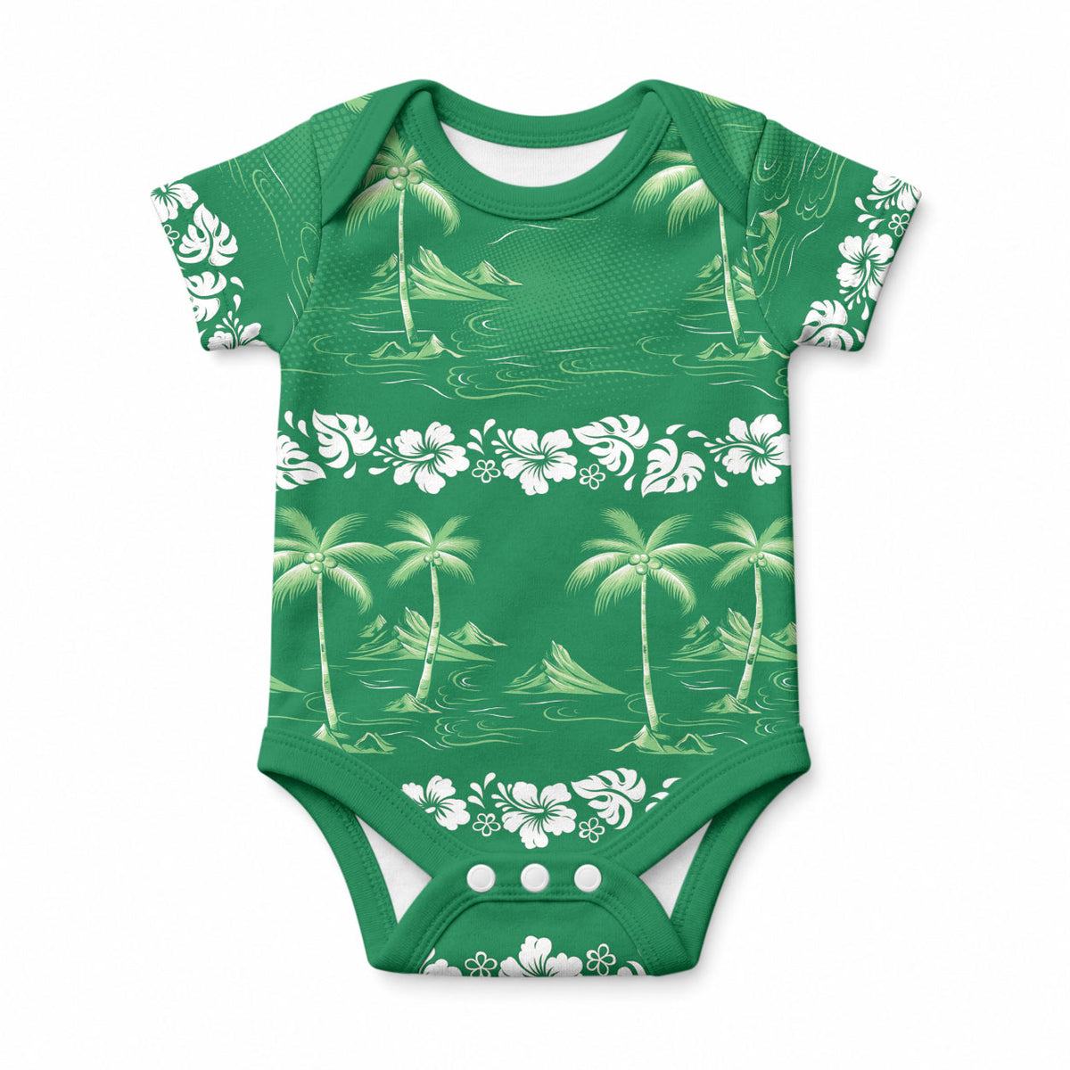Green Hawaii Palm Tree Hibiscus Baby Onesie Fantasy Summer Vibe