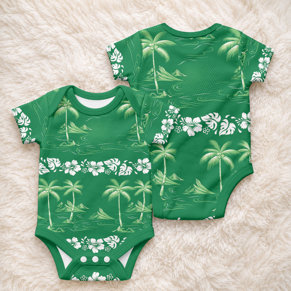 Green Hawaii Palm Tree Hibiscus Baby Onesie Fantasy Summer Vibe