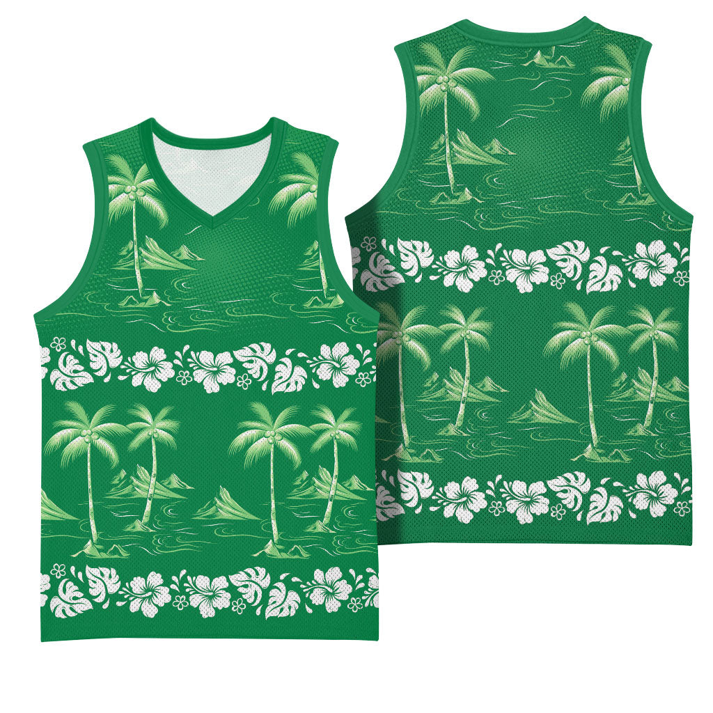 Green Hawaii Palm Tree Hibiscus Basketball Jersey Fantasy Summer Vibe