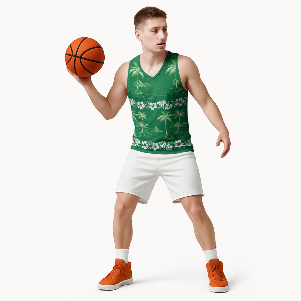 Green Hawaii Palm Tree Hibiscus Basketball Jersey Fantasy Summer Vibe