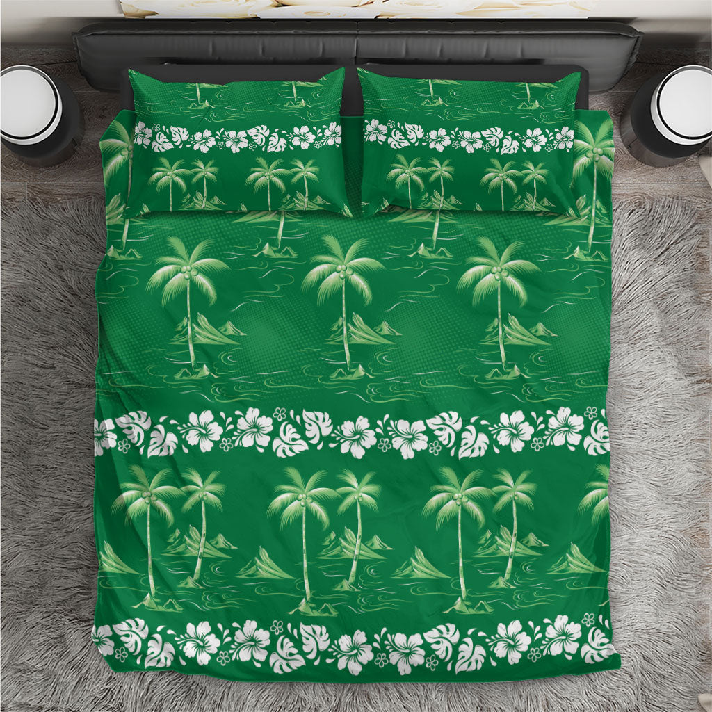 Green Hawaii Palm Tree Hibiscus Bedding Set Fantasy Summer Vibe