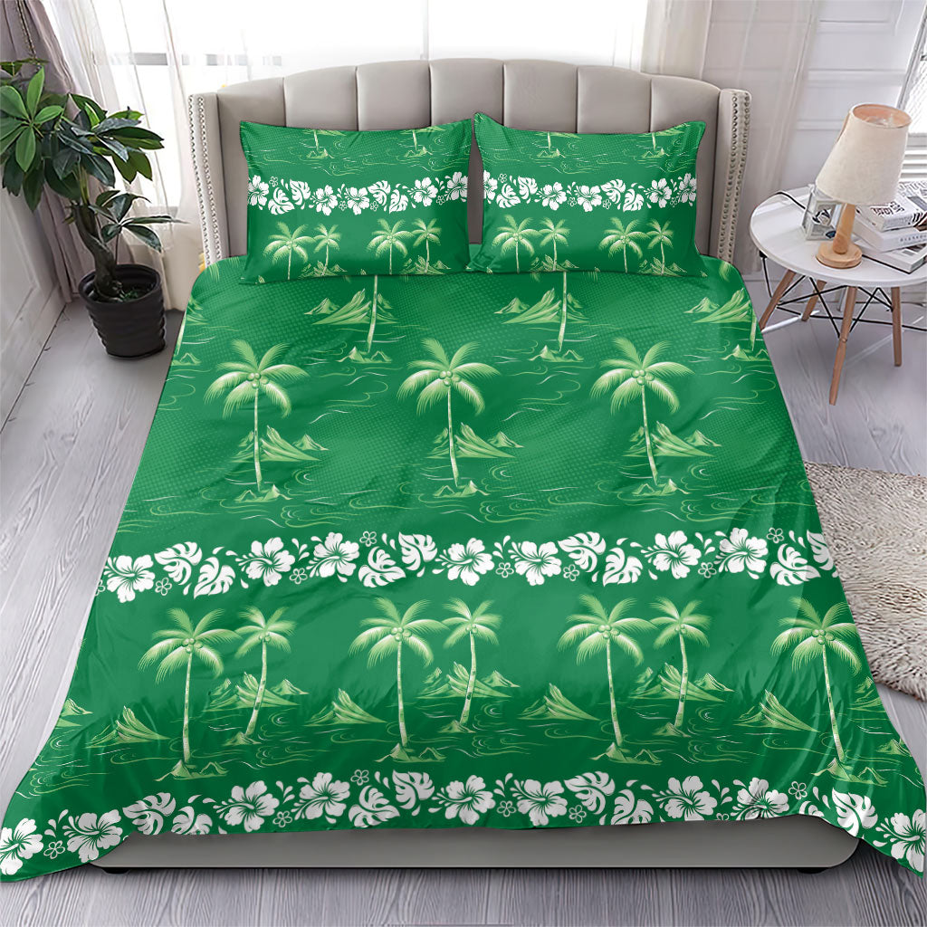 Green Hawaii Palm Tree Hibiscus Bedding Set Fantasy Summer Vibe