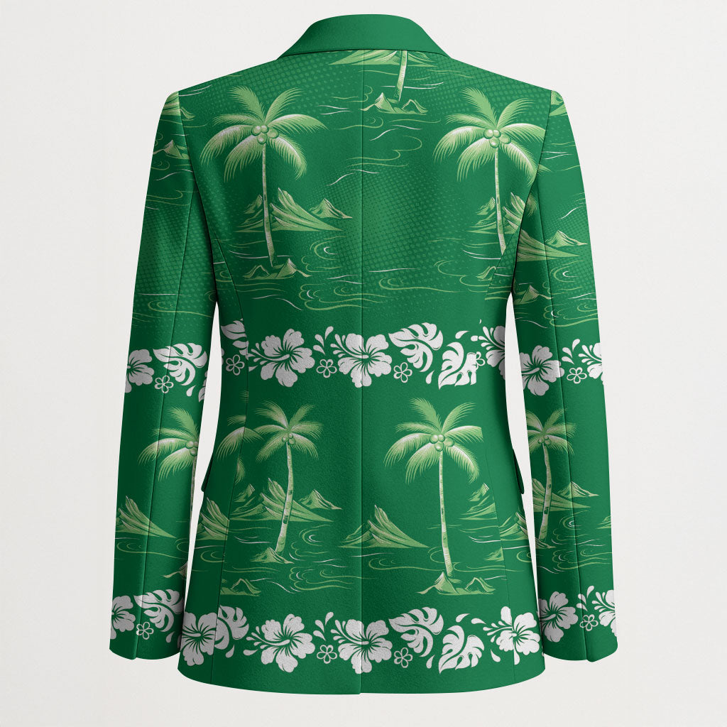 Green Hawaii Palm Tree Hibiscus Blazer Fantasy Summer Vibe