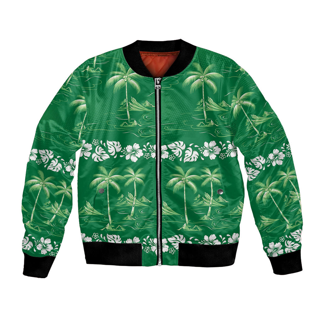 Green Hawaii Palm Tree Hibiscus Bomber Jacket Fantasy Summer Vibe LT01 Unisex Green - Polynesian Pride
