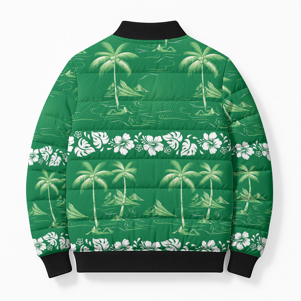 Green Hawaii Palm Tree Hibiscus Bomber Puffer Jacket Fantasy Summer Vibe