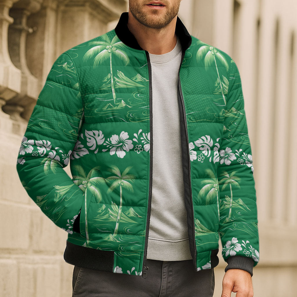 Green Hawaii Palm Tree Hibiscus Bomber Puffer Jacket Fantasy Summer Vibe