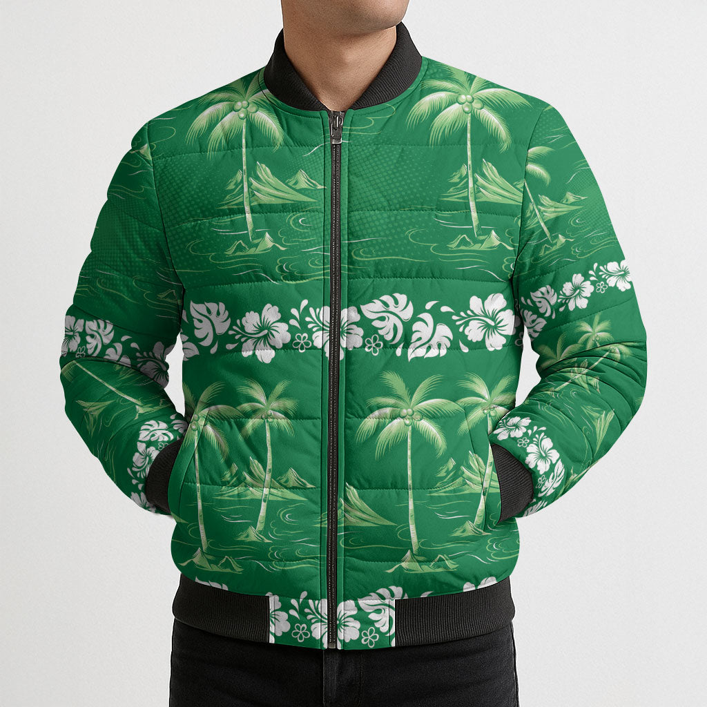 Green Hawaii Palm Tree Hibiscus Bomber Puffer Jacket Fantasy Summer Vibe