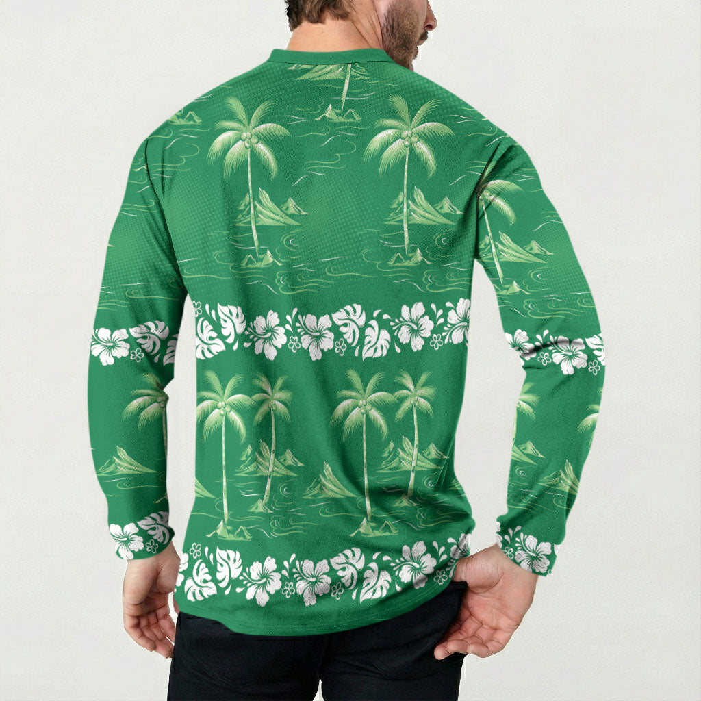 Green Hawaii Palm Tree Hibiscus Button Sweatshirt Fantasy Summer Vibe