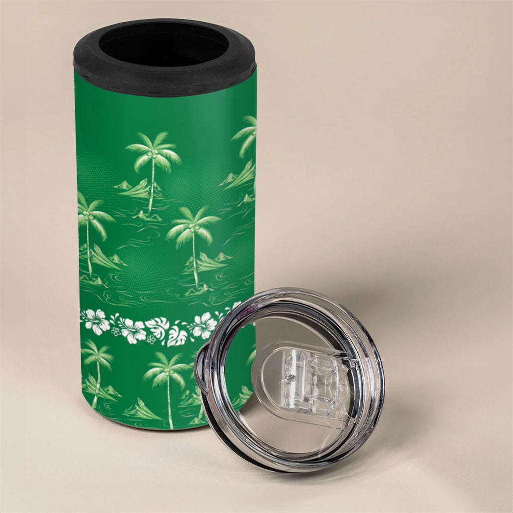 Green Hawaii Palm Tree Hibiscus 4 in 1 Can Cooler Tumbler Fantasy Summer Vibe