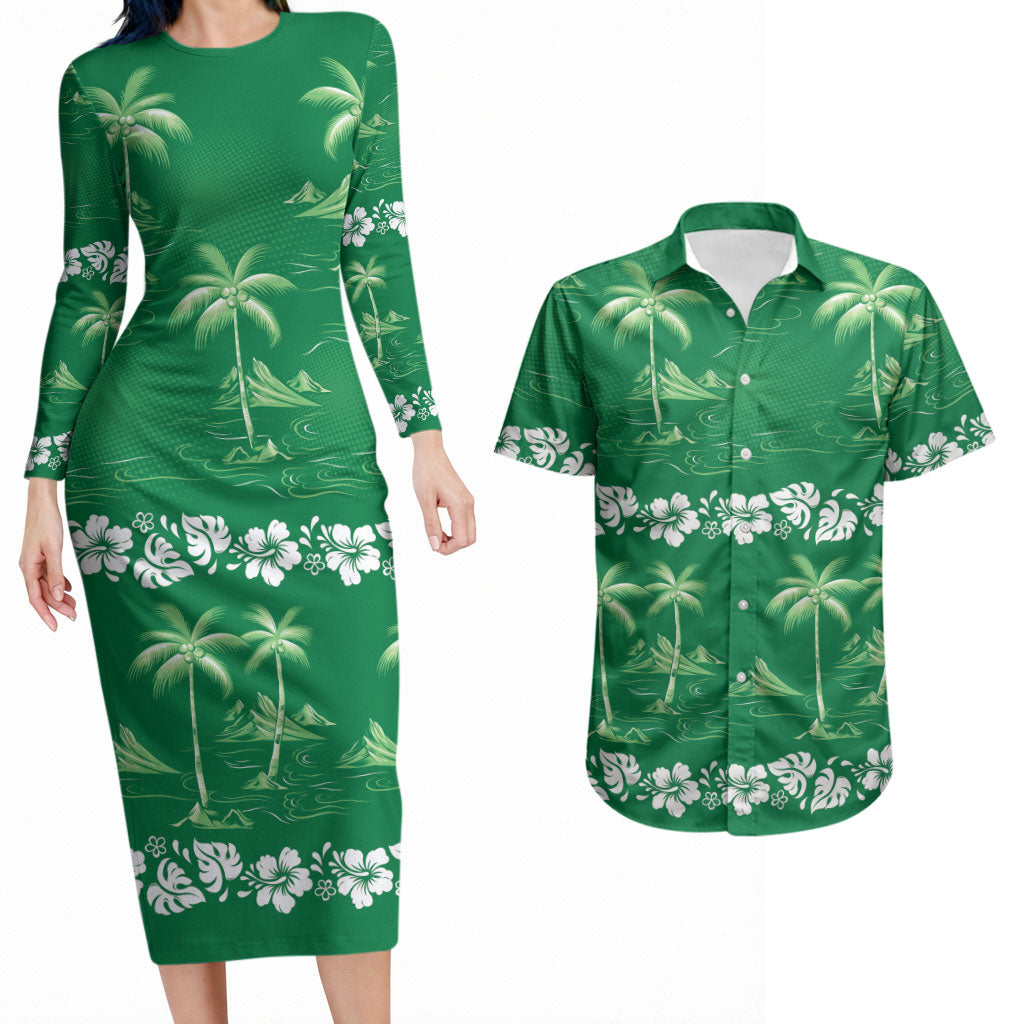 Green Hawaii Palm Tree Hibiscus Couples Matching Long Sleeve Bodycon Dress and Hawaiian Shirt Fantasy Summer Vibe