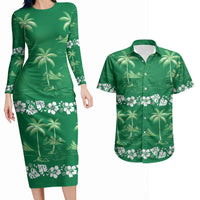 Green Hawaii Palm Tree Hibiscus Couples Matching Long Sleeve Bodycon Dress and Hawaiian Shirt Fantasy Summer Vibe