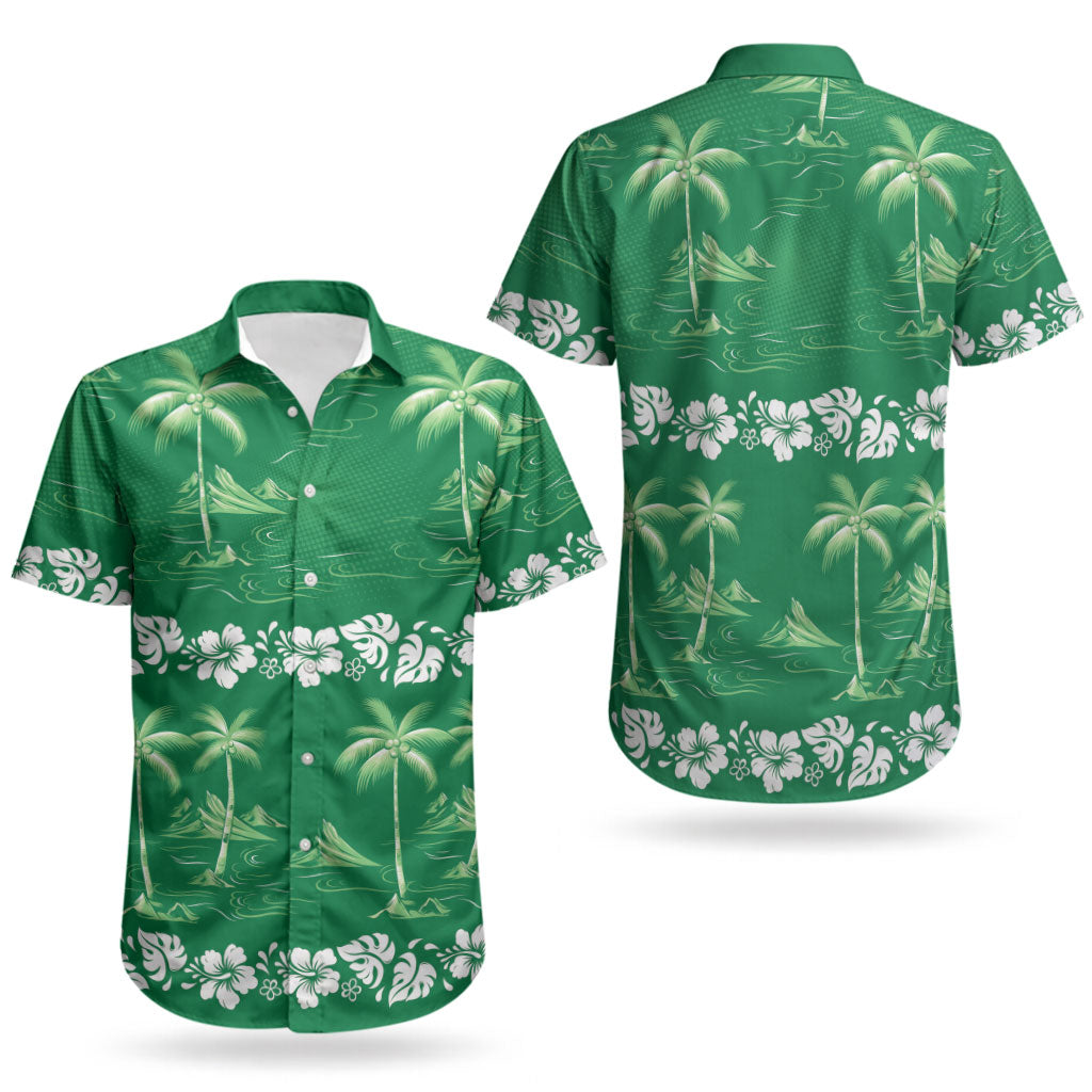 Green Hawaii Palm Tree Hibiscus Couples Matching Long Sleeve Bodycon Dress and Hawaiian Shirt Fantasy Summer Vibe