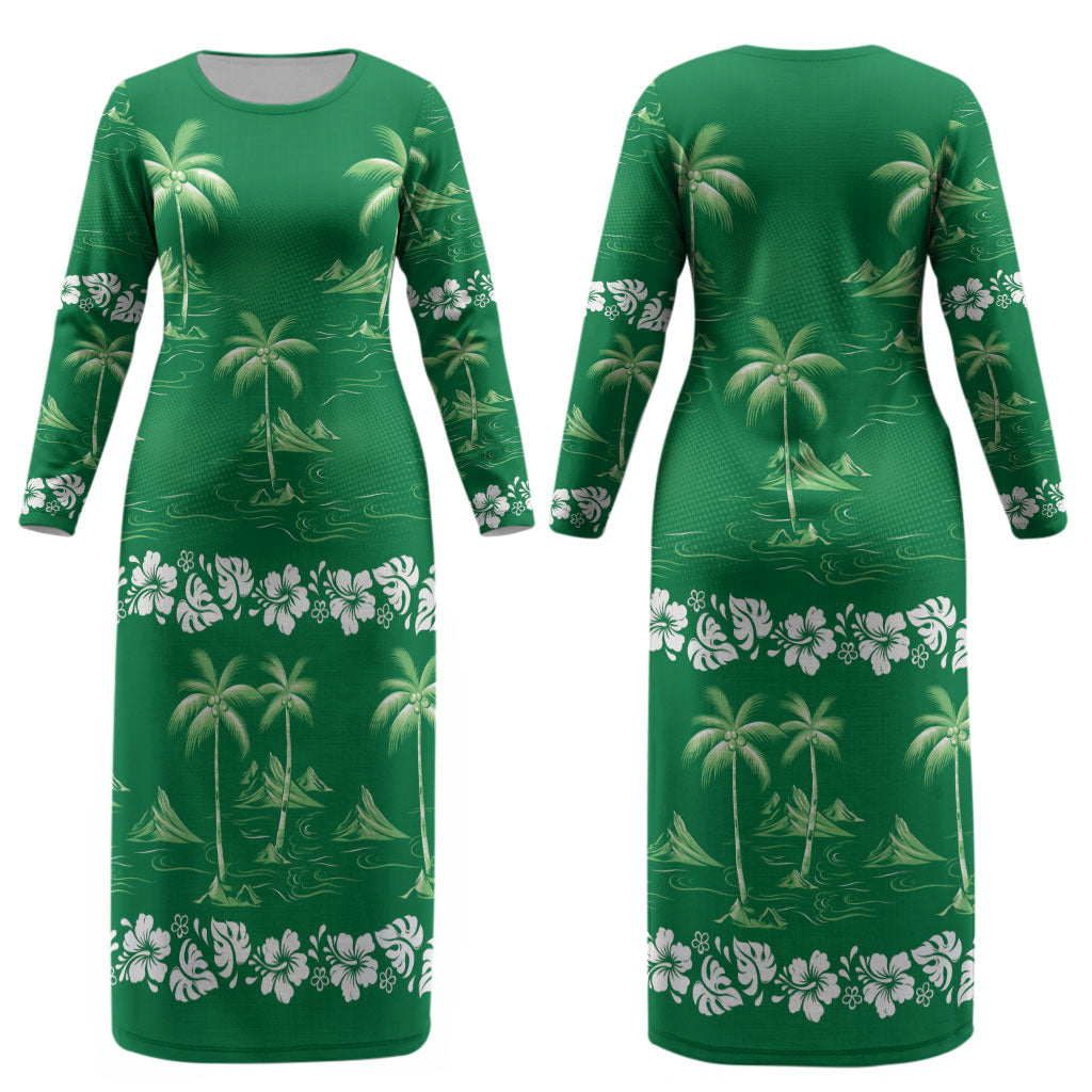 Green Hawaii Palm Tree Hibiscus Couples Matching Long Sleeve Bodycon Dress and Hawaiian Shirt Fantasy Summer Vibe