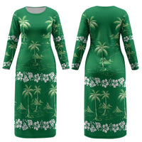 Green Hawaii Palm Tree Hibiscus Couples Matching Long Sleeve Bodycon Dress and Hawaiian Shirt Fantasy Summer Vibe