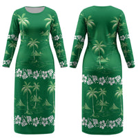 Green Hawaii Palm Tree Hibiscus Couples Matching Long Sleeve Bodycon Dress and Long Sleeve Button Shirt Fantasy Summer Vibe