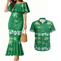 Green Hawaii Palm Tree Hibiscus Couples Matching Mermaid Dress and Hawaiian Shirt Fantasy Summer Vibe