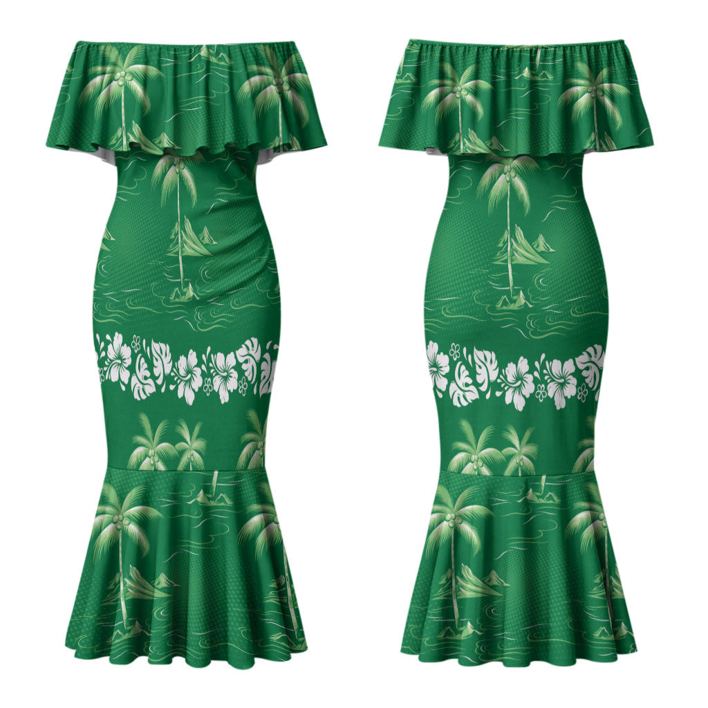 Green Hawaii Palm Tree Hibiscus Couples Matching Mermaid Dress and Hawaiian Shirt Fantasy Summer Vibe