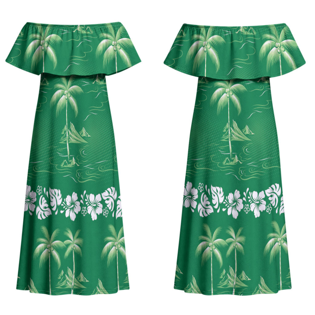 Green Hawaii Palm Tree Hibiscus Couples Matching Off Shoulder Maxi Dress and Hawaiian Shirt Fantasy Summer Vibe