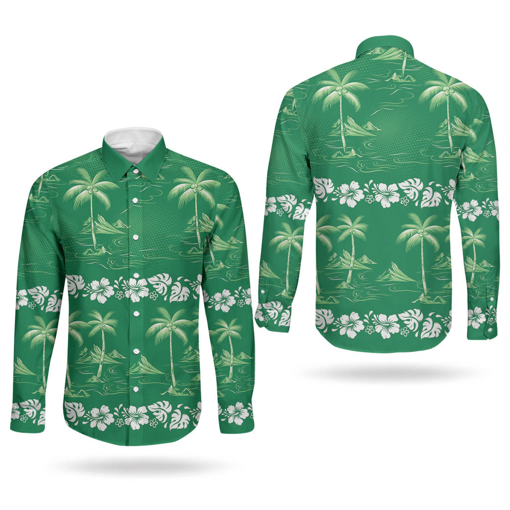 Green Hawaii Palm Tree Hibiscus Couples Matching Off Shoulder Maxi Dress and Long Sleeve Button Shirt Fantasy Summer Vibe