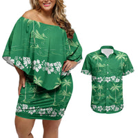 Green Hawaii Palm Tree Hibiscus Couples Matching Off Shoulder Short Dress and Hawaiian Shirt Fantasy Summer Vibe