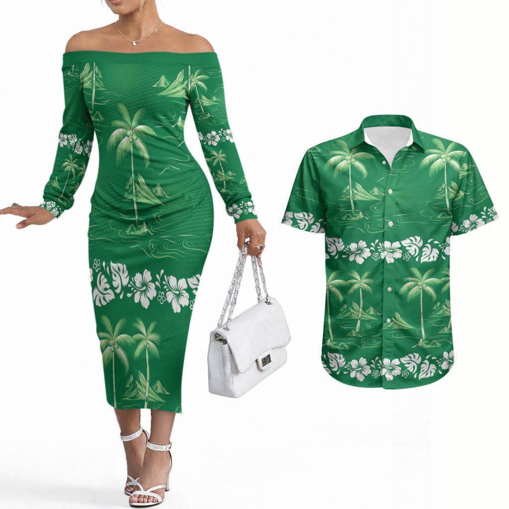 Green Hawaii Palm Tree Hibiscus Couples Matching Off The Shoulder Long Sleeve Dress and Hawaiian Shirt Fantasy Summer Vibe
