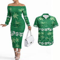Green Hawaii Palm Tree Hibiscus Couples Matching Off The Shoulder Long Sleeve Dress and Hawaiian Shirt Fantasy Summer Vibe