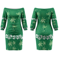 Green Hawaii Palm Tree Hibiscus Couples Matching Off The Shoulder Long Sleeve Dress and Hawaiian Shirt Fantasy Summer Vibe