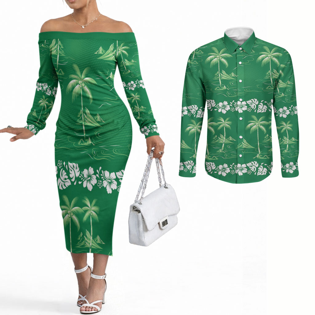 Green Hawaii Palm Tree Hibiscus Couples Matching Off The Shoulder Long Sleeve Dress and Long Sleeve Button Shirt Fantasy Summer Vibe LT01 Green - Polynesian Pride